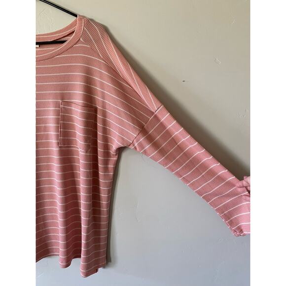 Pink Striped Waffle Knit Long Sleeved Pocket Shirt - Picture 2 of 5